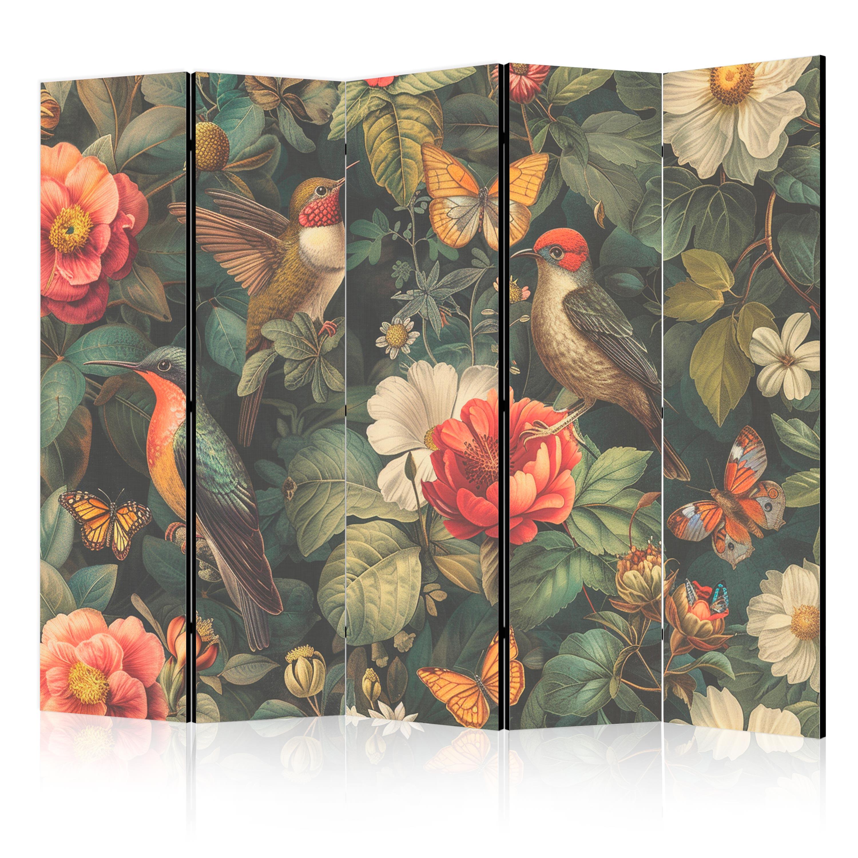 PARAVENT 5-tlg 225x172 cm Vögel und Blumen Boho - Multicolor, Holz/Textil (225/172/3cm) - Muralo