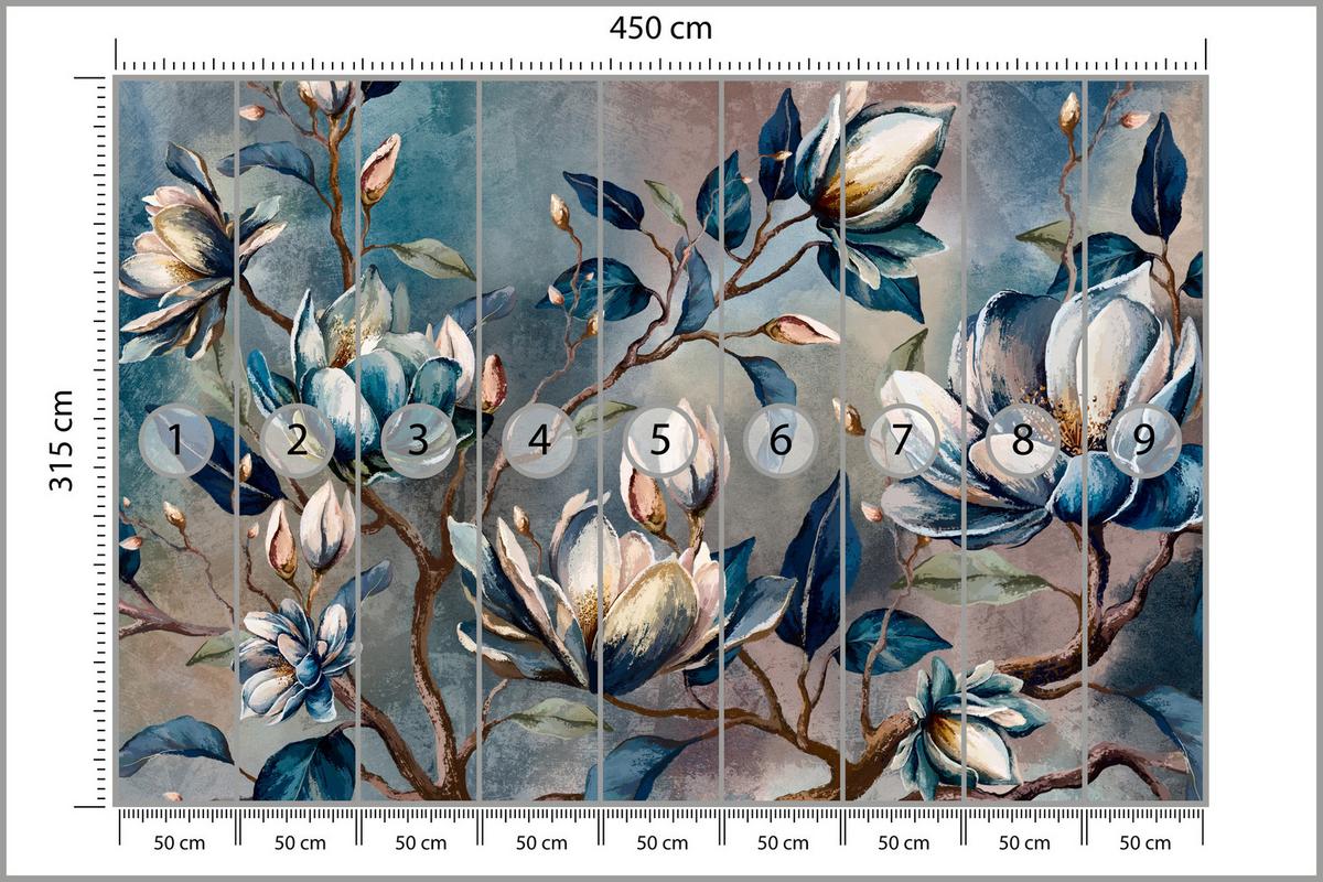 FOTOTAPETE für Wohnzimmer Wunderschöne Magnolien Blätter Zweige Blumen 450x315 - Multicolor, Papier (450/315cm) - Muralo