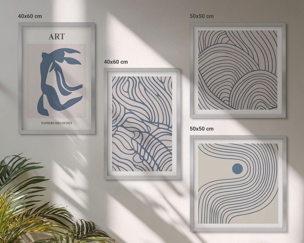 BILDER SET 4er Set - 50x50 cm & 40x60 cm Silberner Rahmen - Abstrakte blaue Linien - Silberfarben, Kunststoff (50/50cm) - TULUP