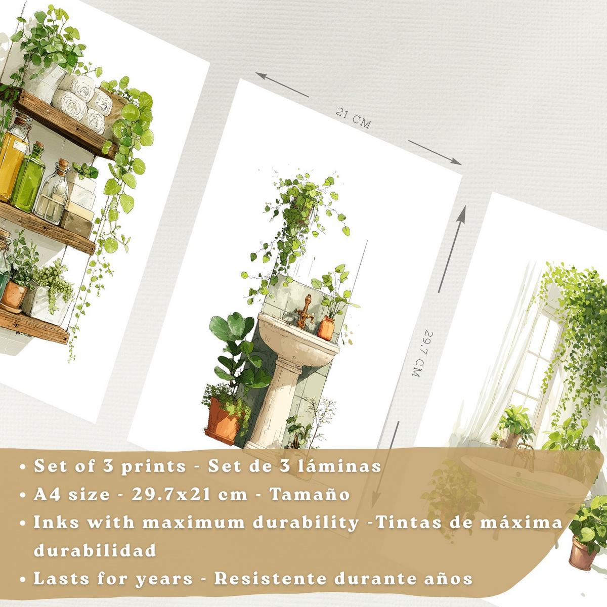 POSTER 3er-Set dekorative Badezimmerbilder, Wanddeko, im botanischen Stil, für Toilette, grüne Pflanzen Schwarzer Rahmen A4 - Schwarz, Papier (29.7/21/3cm) - Nacnic