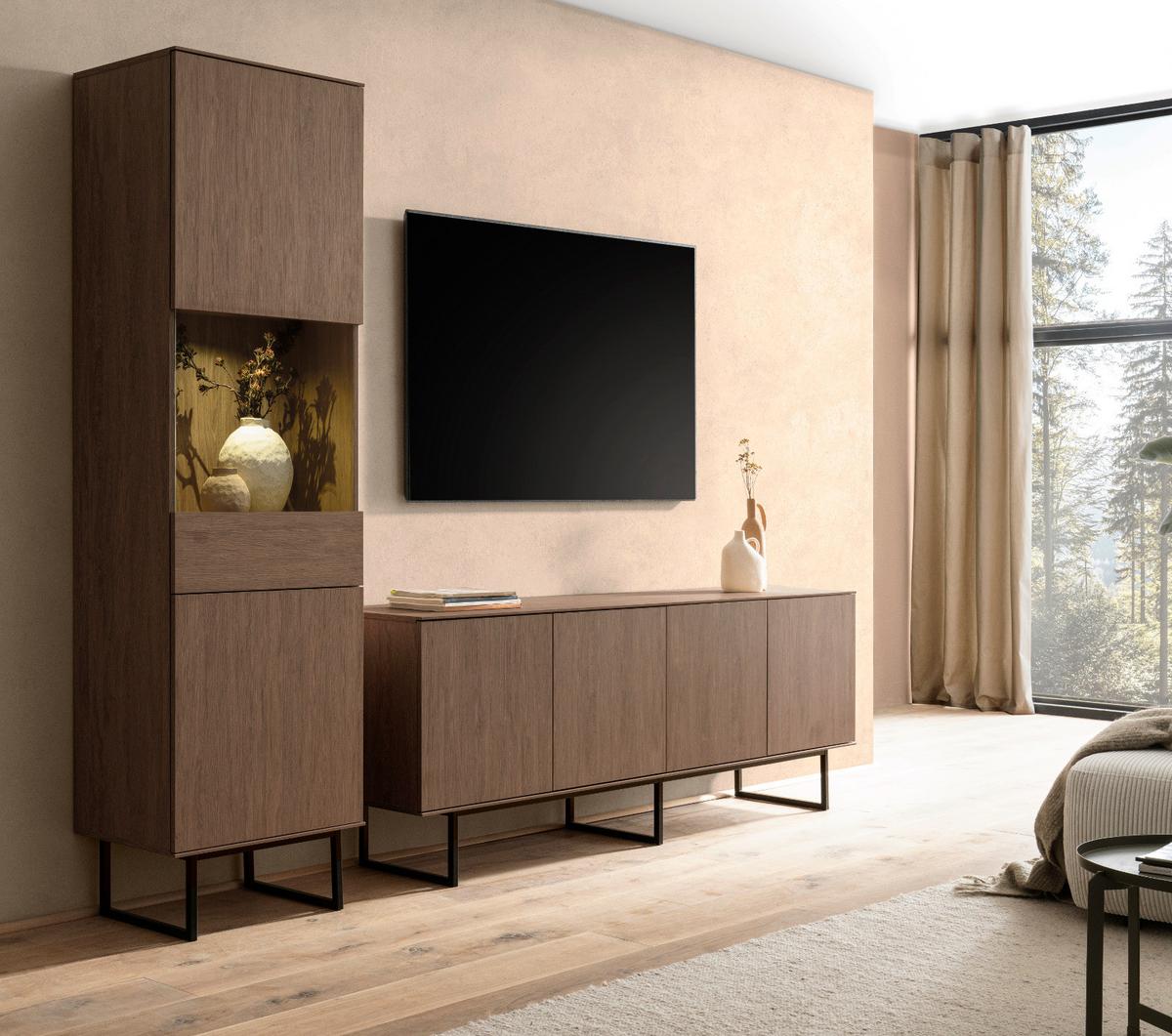 WOHNWAND in Nussbaum 2-teilig 273 cm, Wohnkombination mit Push-to-Open - Nussbaumfarben/Schwarz, Glas/Holzwerkstoff (273/200/40cm) - Furn.Design