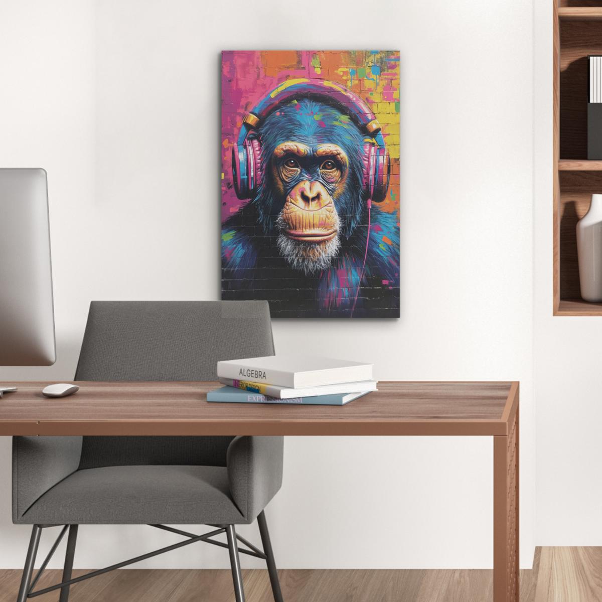 AKUSTIKBILD Graffiti - Schimpanse - Straßenkunst - Kopfhörer - Affe Kunstdruck Schlafzimmer 50x70 cm - Blau, Kunststoff (50/70/0.9cm) - MuchoWow