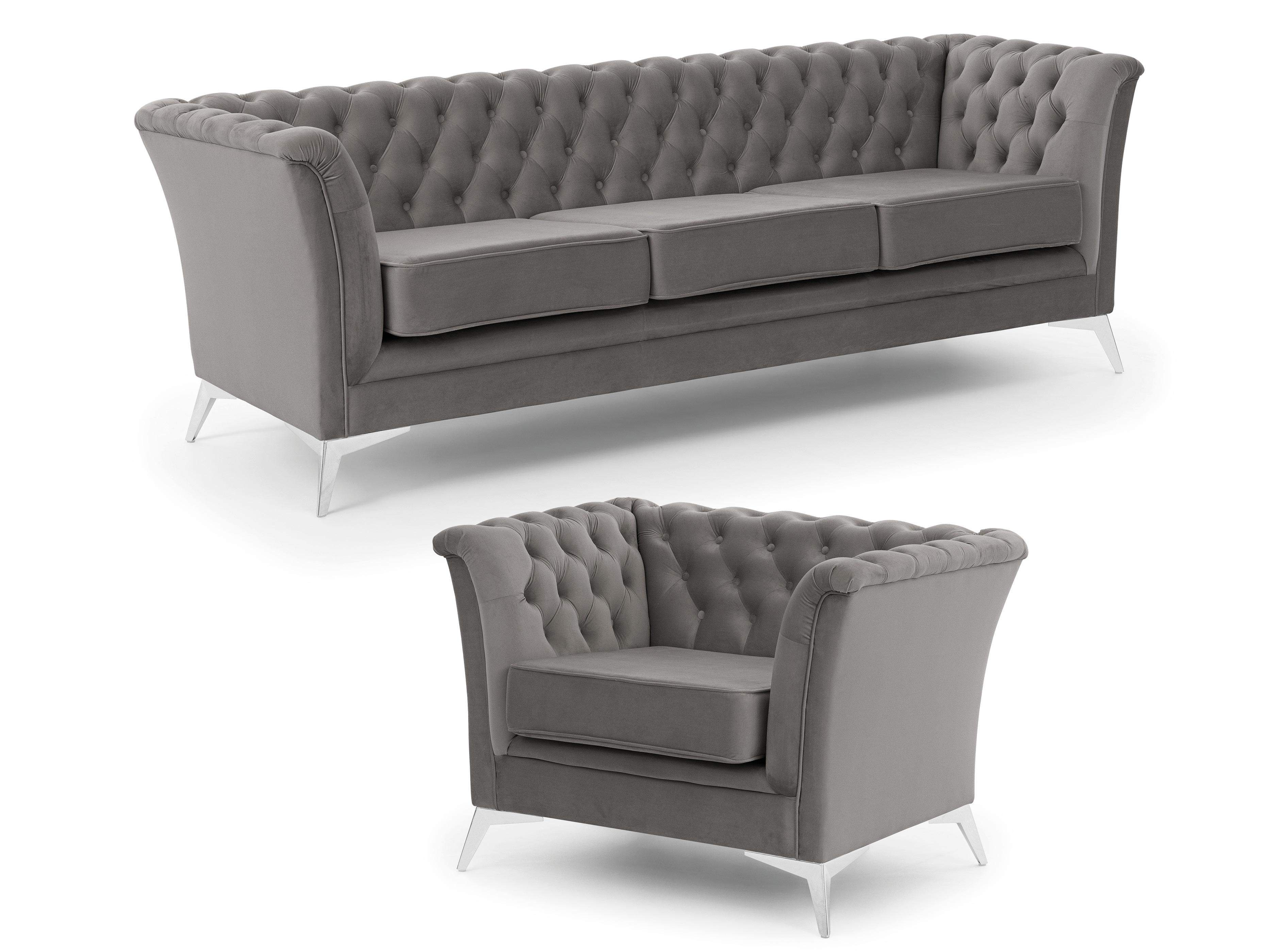 SITZGARNITUR 3+1 Chesterfield Whitby Grau Samt mit silbernen Füßen - Silberfarben/Grau, Holz/Textil (237/78/82cm) - S-Style Möbel