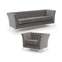 SITZGARNITUR 3+1 Chesterfield Whitby Grau Samt mit silbernen Füßen - Silberfarben/Grau, Holz/Textil (237/78/82cm) - S-Style Möbel
