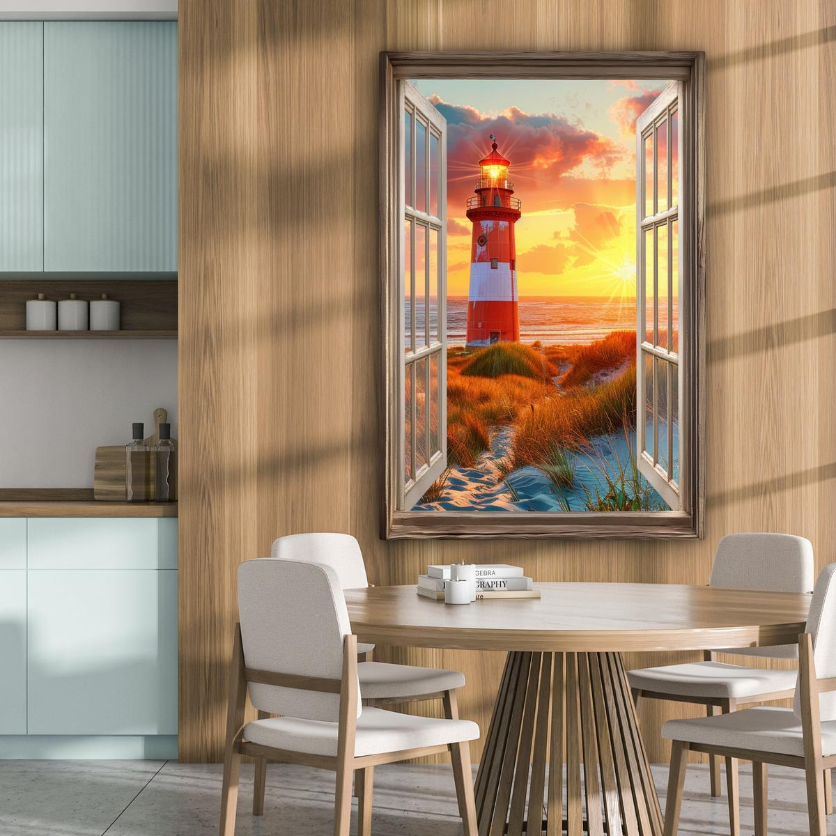 LEINWANDBILD Aussicht - Fenster - Leuchtturm - Sonnenuntergang - Strand Deko XXL 80x120 cm - Dunkelorange, Textil (80/120cm) - MuchoWow