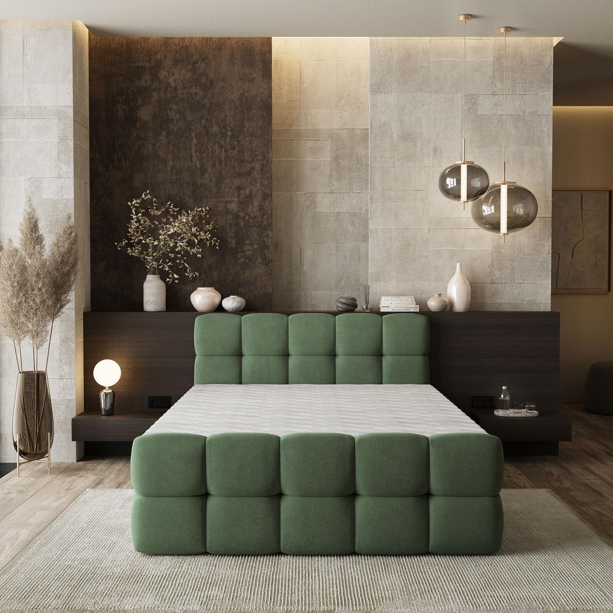 BOXBETT BRUME 200x200 cm mit Matratze und Topper, H2+H3 - Grün - Grün, Holz (200/200cm) - MASSENO