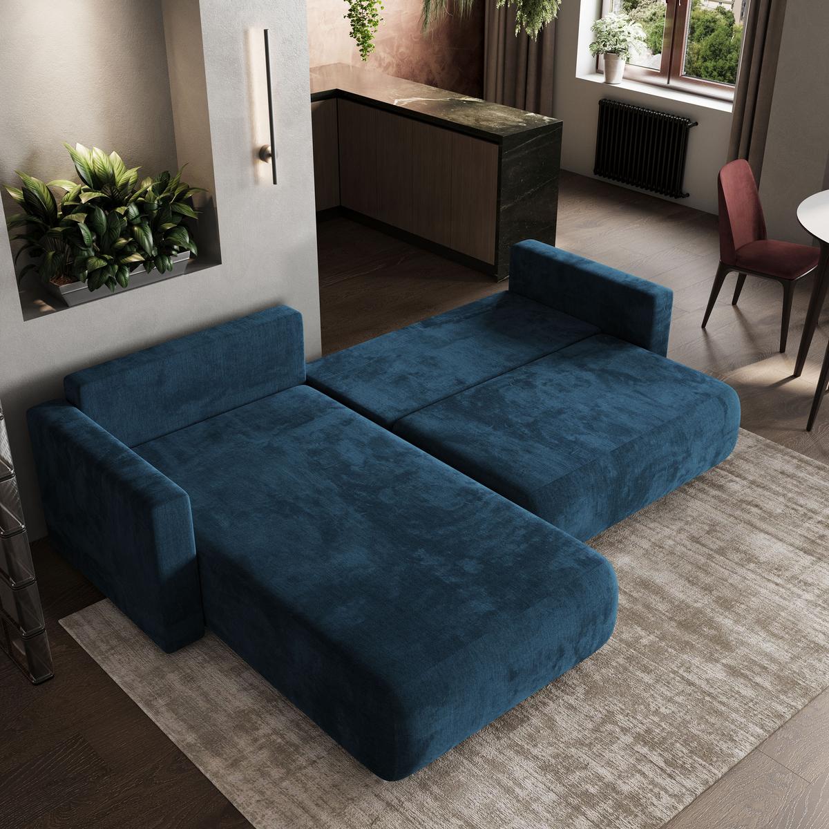 ECKSOFA TURIN M Blau Velours-Stoff mit Schlaffunktion - Blau/Grau, Holz/Kunststoff (265/183cm) - MASSENO