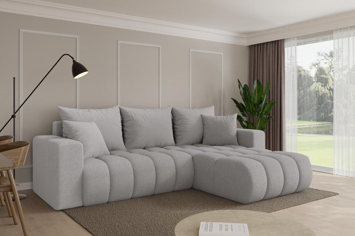 ECKSOFA mit Schlaffunktion Ottomane Rechts MILA-L-v1 277x195x86 Hellgrau Bouclé - Silberfarben/Hellgrau, Holzwerkstoff/Kunststoff (277/194cm) - ALTDECOR