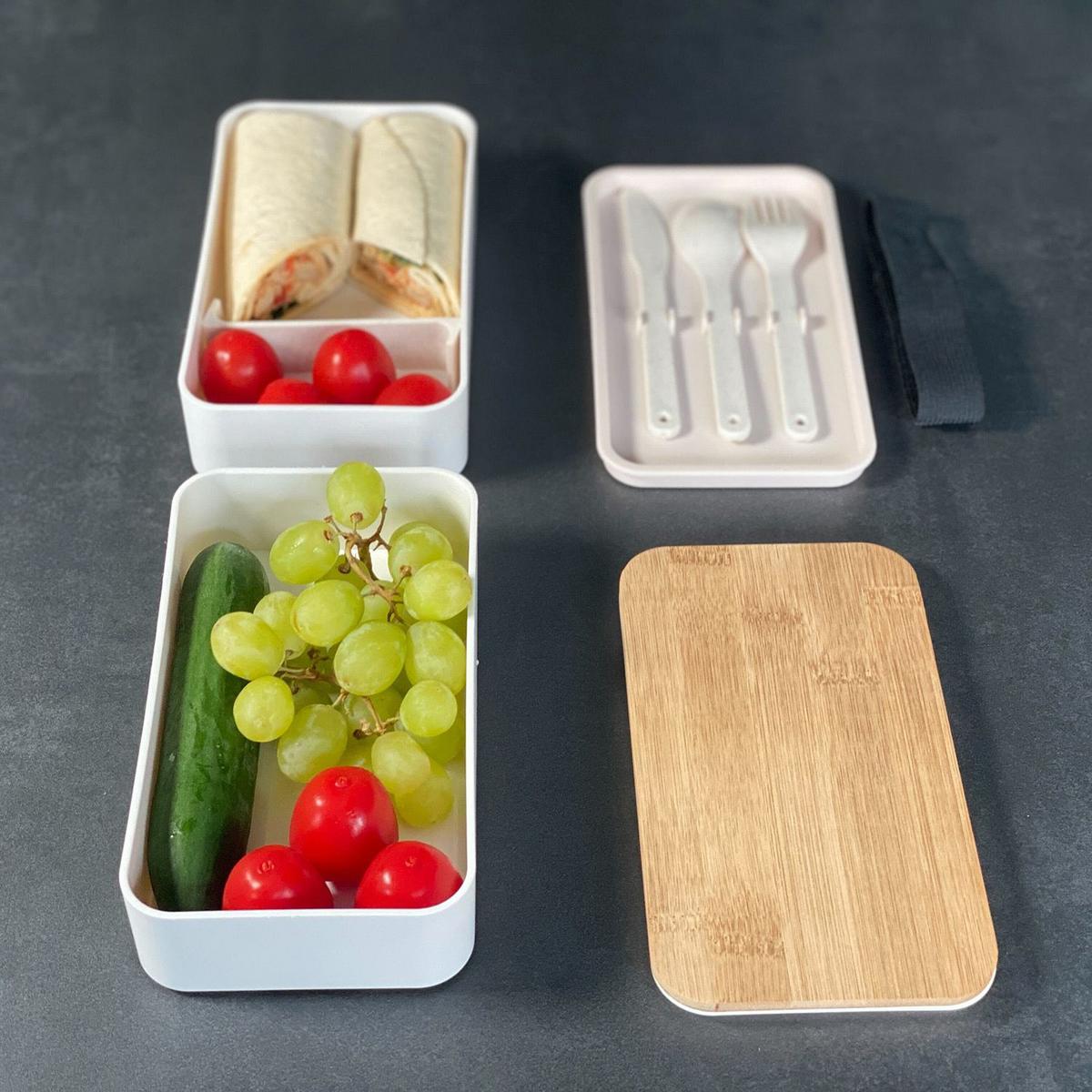LUNCH BROTBOX mit Messer Gabel Löffel - Weiß, Naturmaterialen (10.5/9.3/18.5cm) - Intirilife