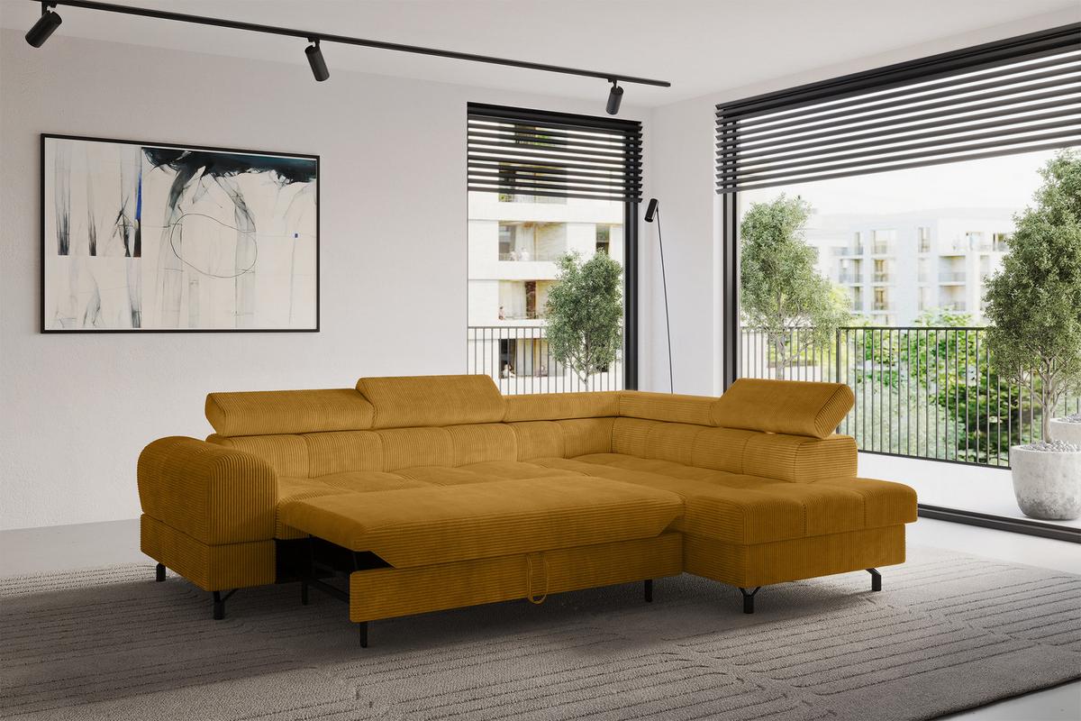 ECKSOFA mit Schlaffunktion Ottomane Rechts LUMA-L 272x203x70 Senfgelb Cord - Schwarz/Honig, Holzwerkstoff/Kunststoff (203/272cm) - ALTDECOR