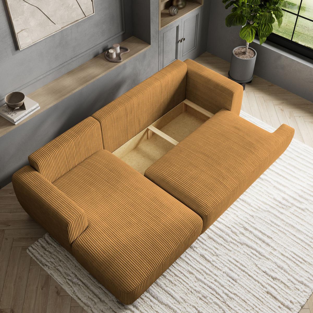 ECKSOFA SENTI P L-S Gelb Kordstoff mit Schlaffunktion - Gelb/Schwarz, Holz/Kunststoff (246/148cm) - MASSENO