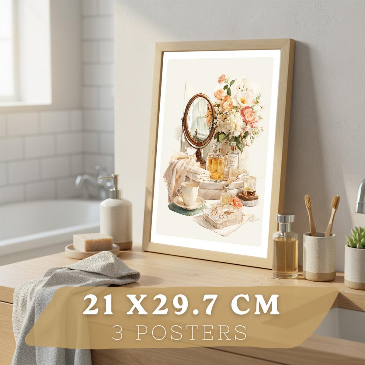 POSTER 3er-Set dekorative Badezimmer-Wandbilder und, Vintage-Stil für Waschbecken, Dusche, WC mit Badewanne, Blumen und Spiegel Leichter Holzrahmen A4 - Beige, Papier (29.7/21/3cm) - Nacnic