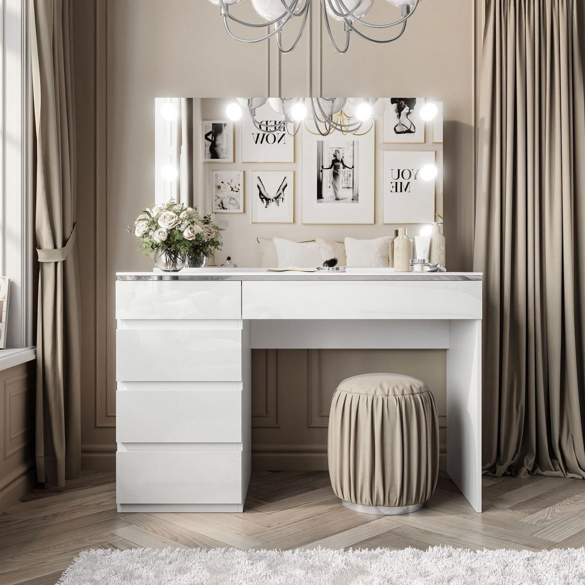 SCHMINKTISCH AURORA II SILVER ELITE mit Spiegel und Beleuchtung - Weiß Hochglanz, Holzwerkstoff (120/78.5/55cm) - Lookway