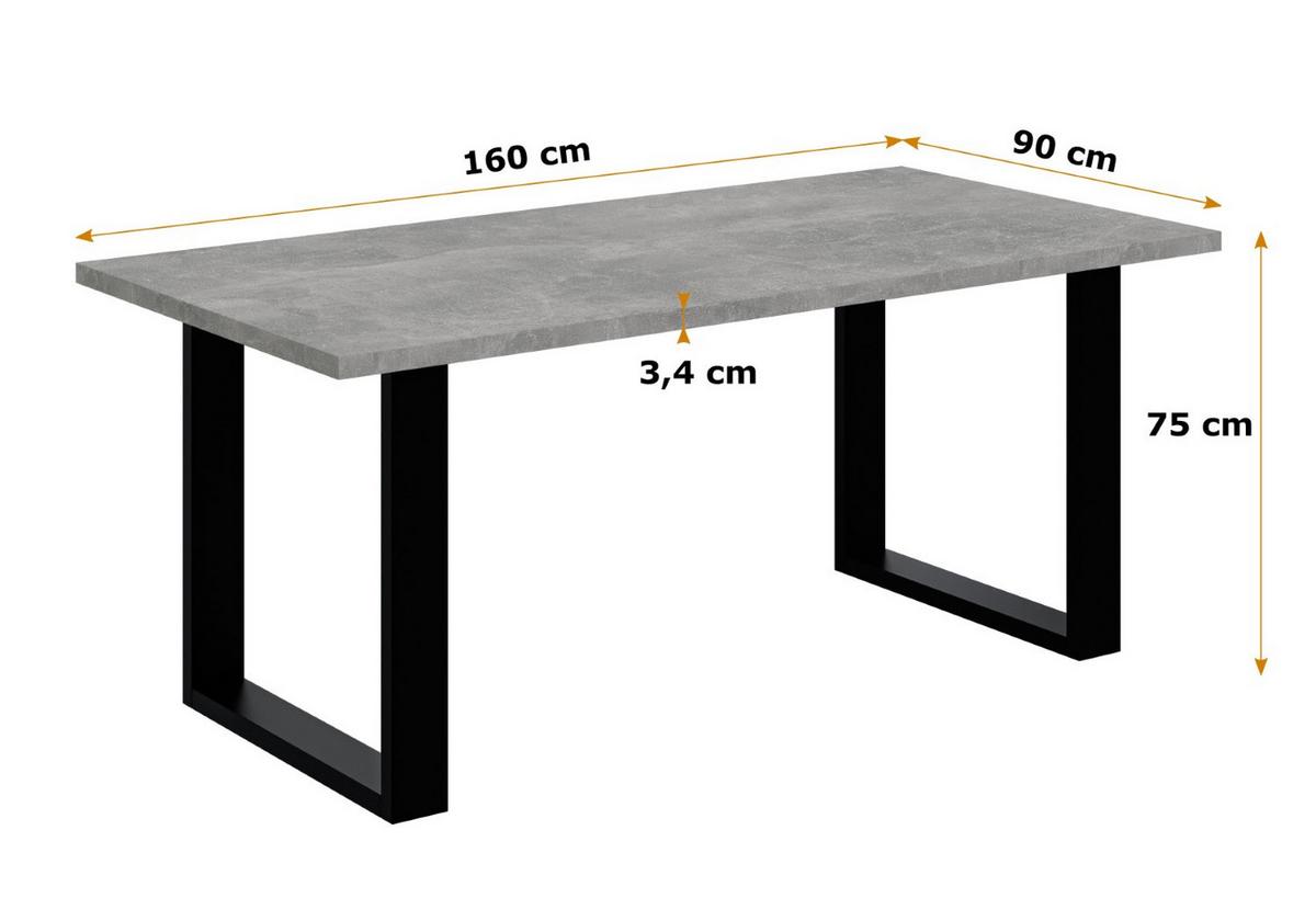 ESSTISCH 160x90x75 cm - Betonoptik / Schwarz - KLYN U - Grau, Holzwerkstoff (160/90/75cm) - ALTDECOR