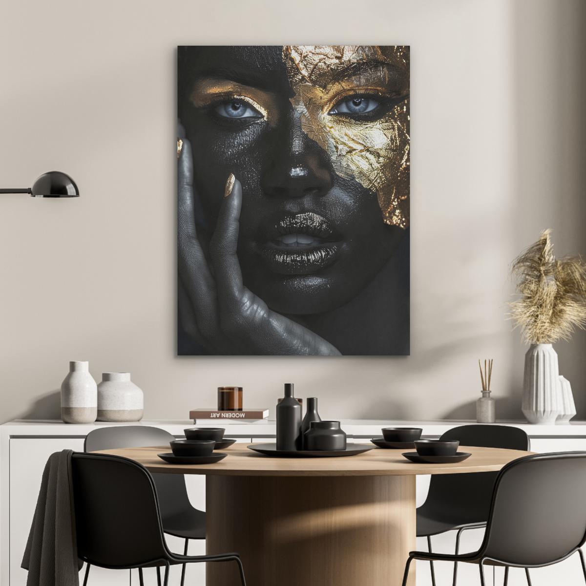 AKUSTIKBILD Frau - Gold - Porträt - Schwarz-Weiß - Luxus Wandbilder 60x80 cm - Hellblau, Kunststoff (60/80/0.9cm) - MuchoWow