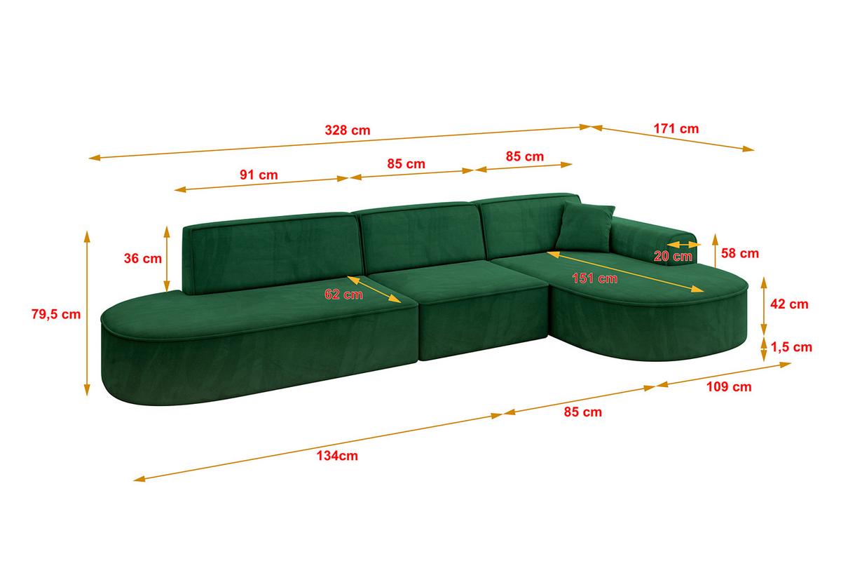ECKSOFA Ottomane Rechts MARI-L2 - 328x171x79 cm Dunkelgrün Velours - Dunkelgrün/Schwarz, Holzwerkstoff/Kunststoff (171/328cm) - ALTDECOR