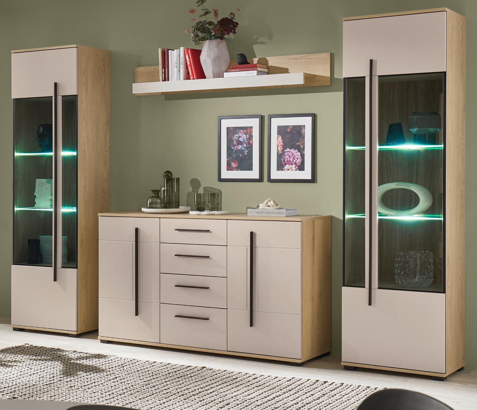 WOHNWAND Kaschmir, Eiche 4-teilig 290, Schrankwand in modernem Design - Kaschmir/Eichefarben, Glas/Holzwerkstoff (290/200/42cm) - Furn.Design