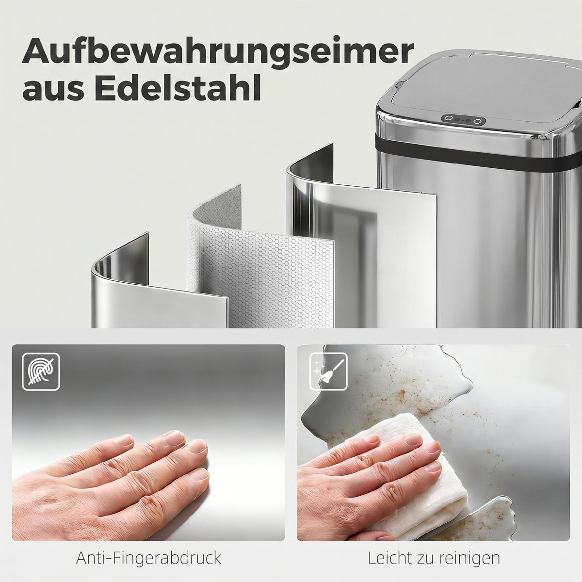 AUTOMATIK Mülleimer Abfalleimer mit Sensor Küche Edelstahl viereckig 50L - Silberfarben, Metall (25/84/33cm) - HOMCOM