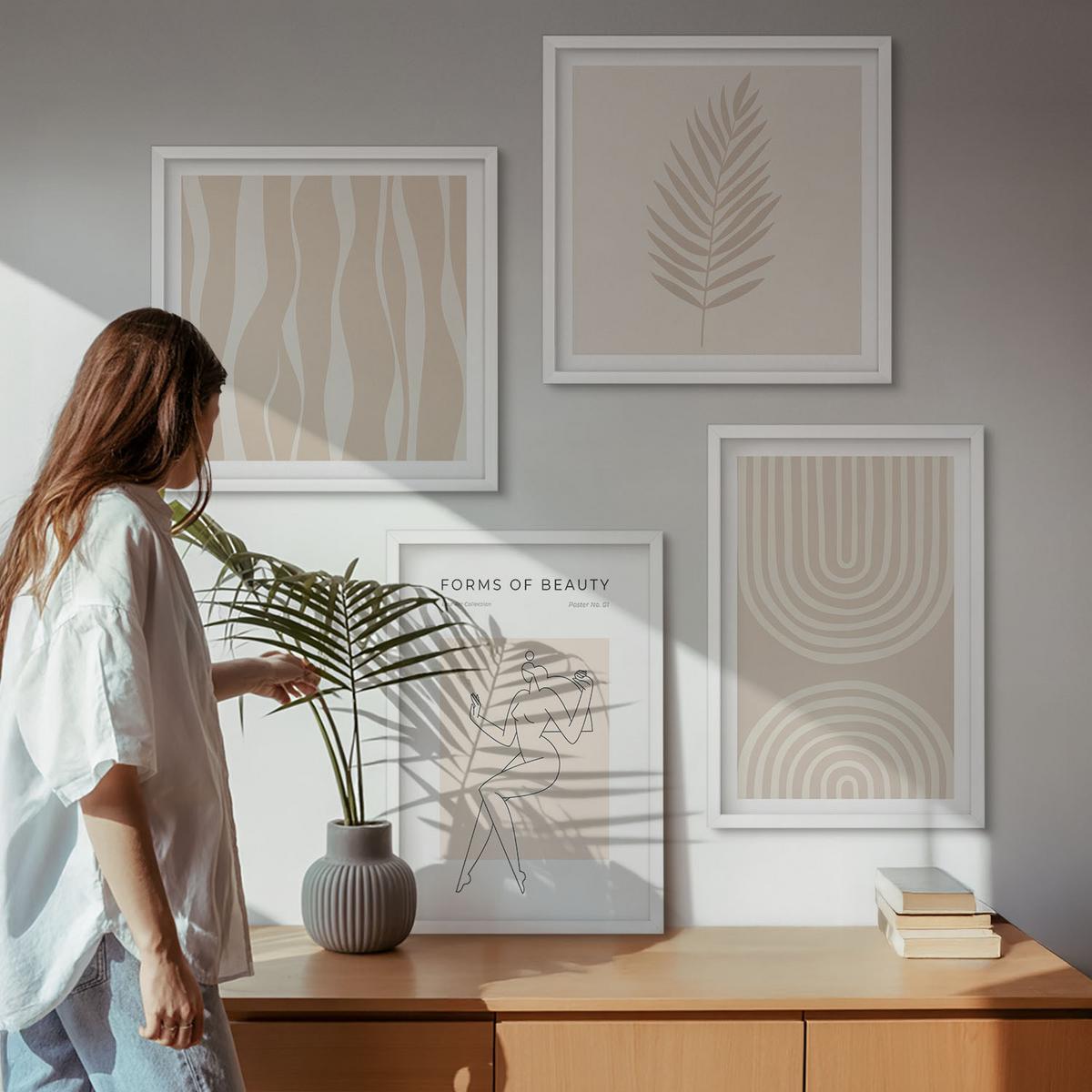 BILDER SET 4er Set - 50x50 cm & 40x60 cm Weißer Rahmen - Abstrakte Boho-Dekorationen - Weiß, Kunststoff (50/50cm) - TULUP
