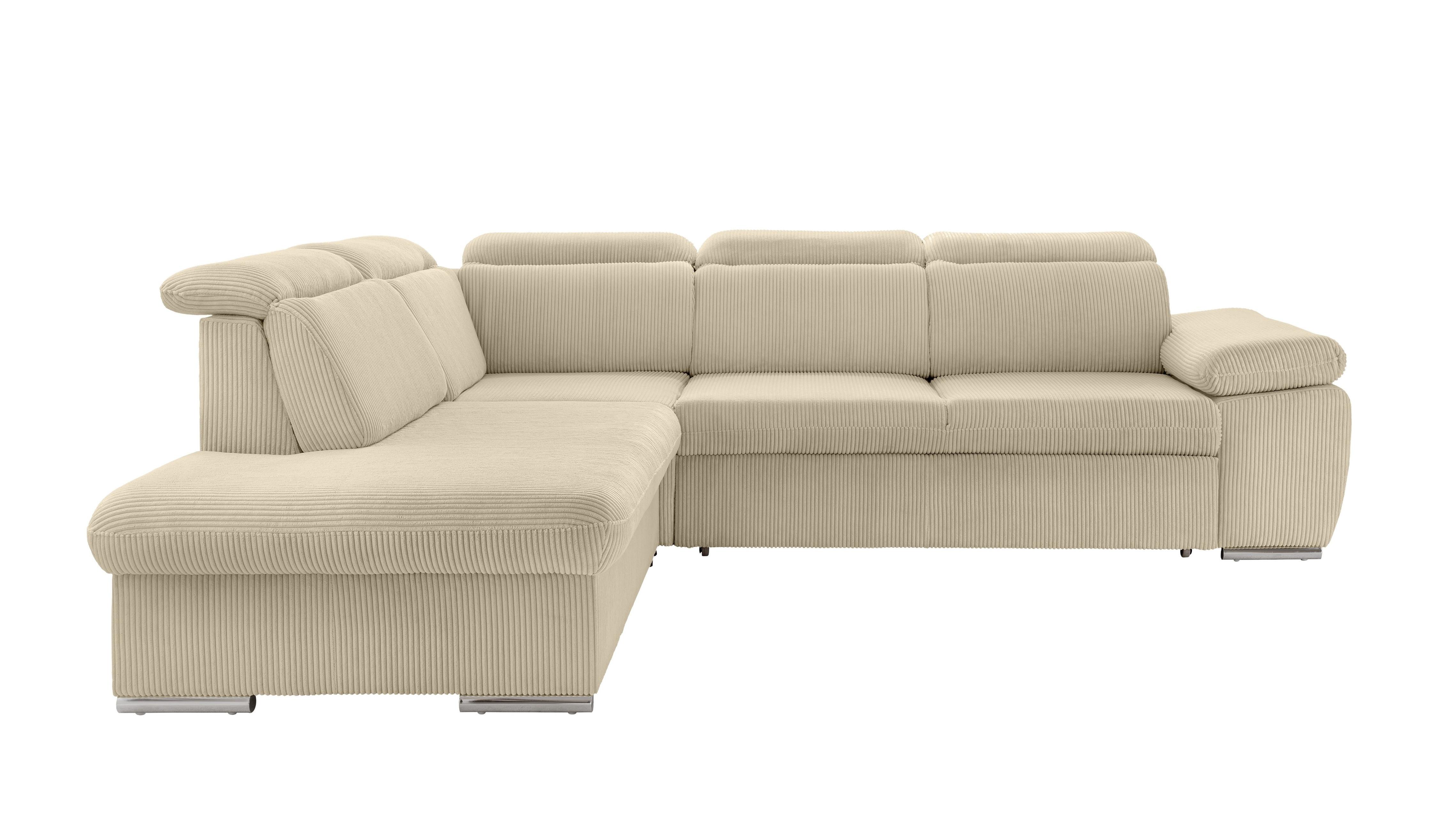 ECKSOFA mit Schlaffunktion, Bettkasten, Kopfstützen verstellbar, Wellenunterfederung, Ottomane links B283/T228/H102 cm, Cord Beige Grau / 17218 - Chromfarben/Greige, Textil/Metall (283/228cm) - luma-home