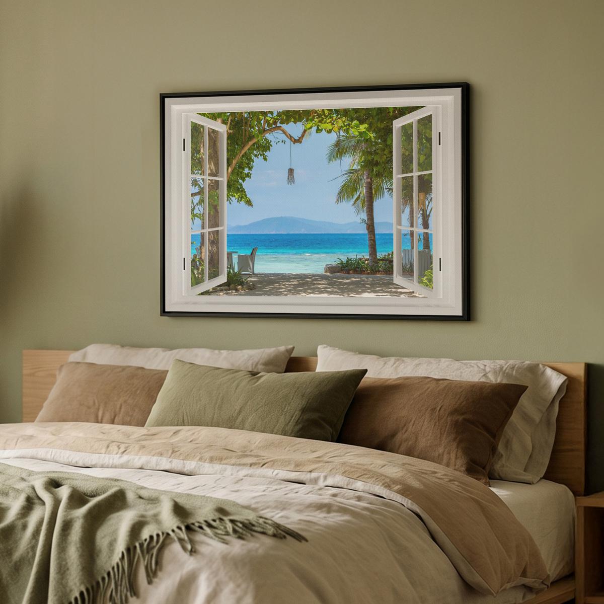 LEINWAND Bilder mit Rahmen - Aussicht - Baum - Meer - Palme - Hügel - Strand - Blau - 70x50 - Blau, Textil (70/50cm) - MuchoWow
