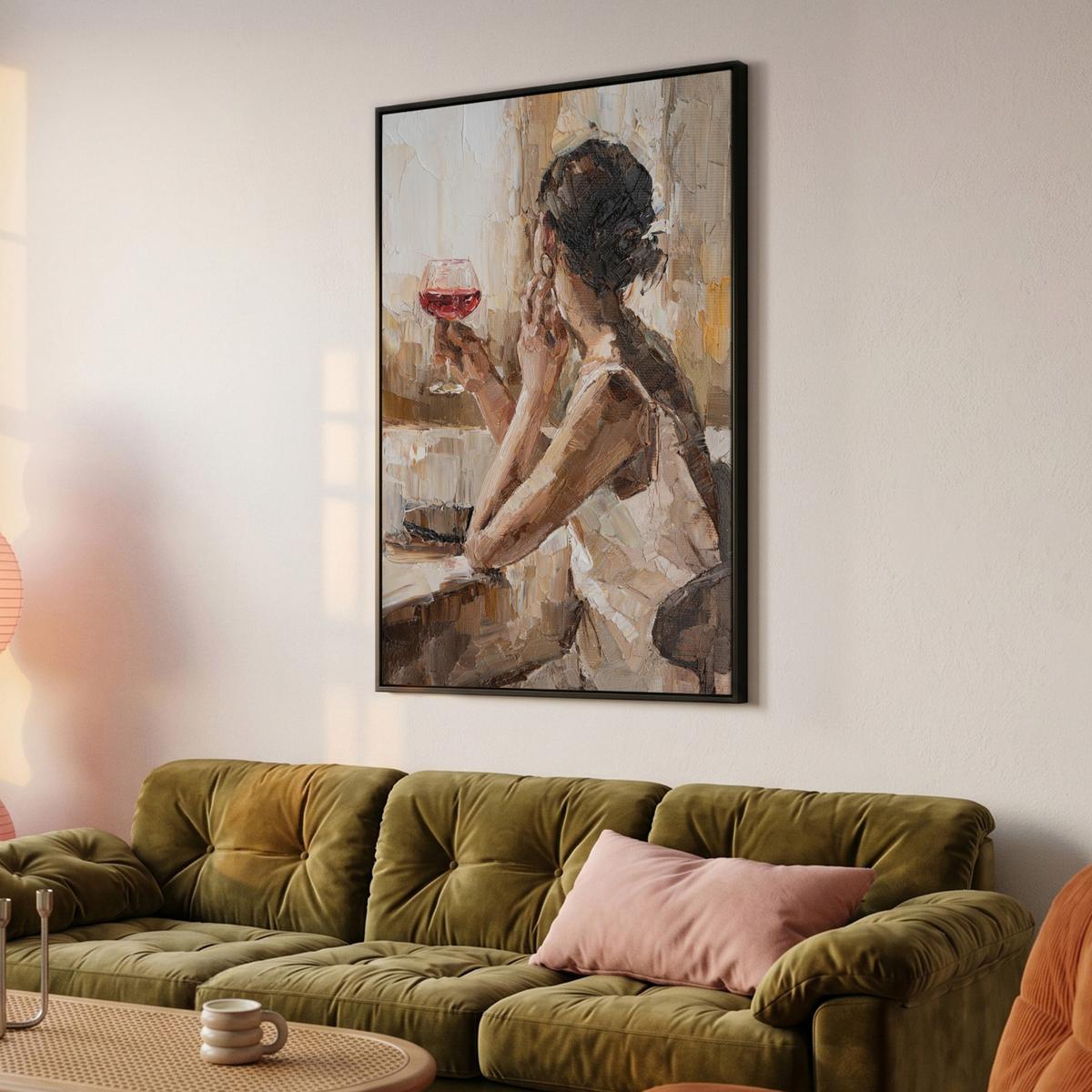 LEINWAND Bilder mit Rahmen - Ölgemälde - Frau - Wein - 80x120 - Hellbraun, Textil (80/120cm) - MuchoWow