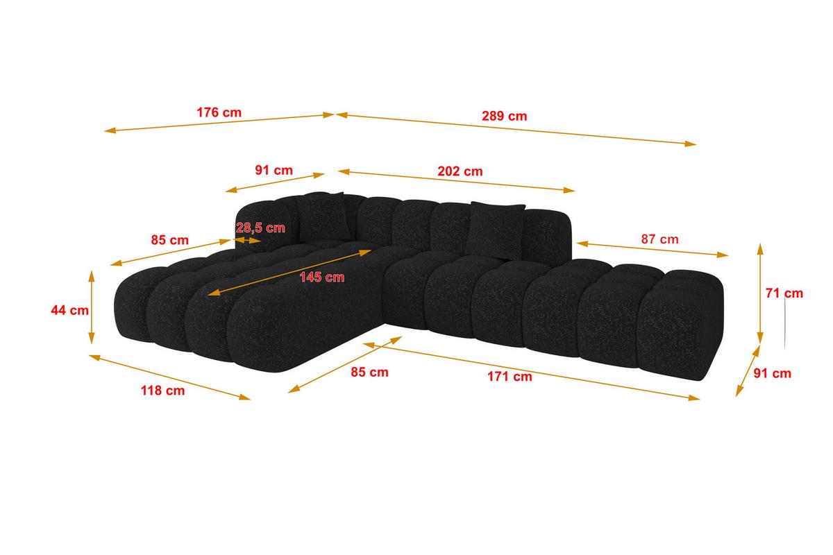ECKSOFA Ottomane Links OLEA-L2 - 289x176x71 cm Schwarz - Schwarz, Holzwerkstoff/Kunststoff (289/176cm)