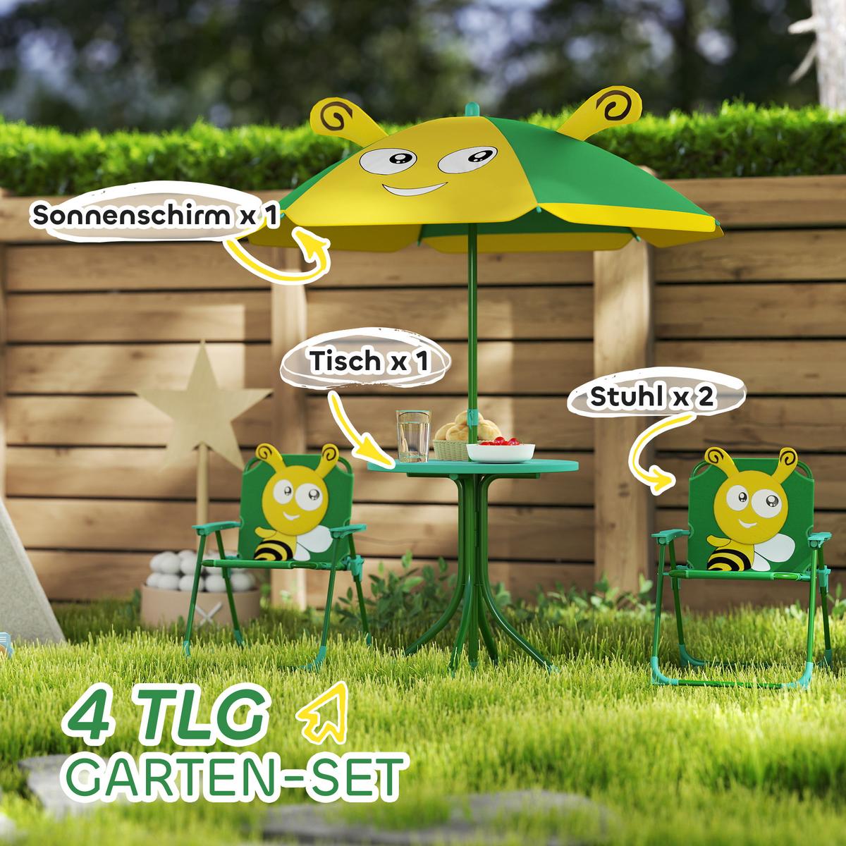 KINDERSITZGRUPPE Garten Kindersitzgarnitur mit 2 Klappstühlen Bienen-Muster Grün - Grün, Metall - AIYAPLAY