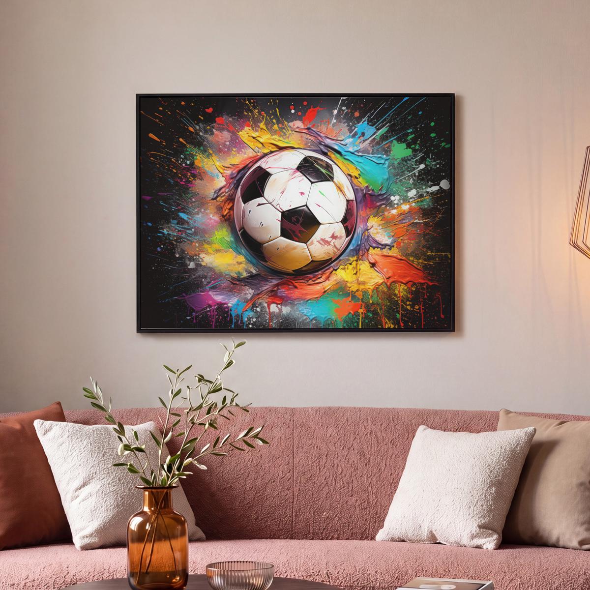 LEINWAND Bilder mit Rahmen - Fußball - Farbe - Farben - Schwarz - Weiß - 70x50 - Weiß, Textil (70/50cm) - MuchoWow