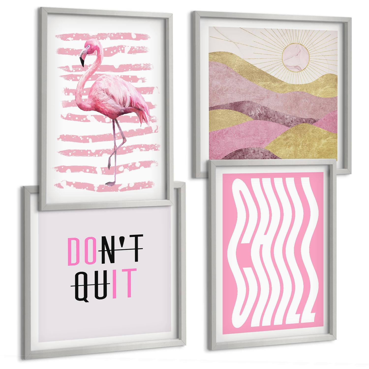 BILDER SET 4er Set - 50x50 cm & 40x60 cm Silberner Rahmen - Pastellfarbene Berglandschaft mit rosa Flamingos - Silberfarben, Kunststoff (50/50cm) - TULUP