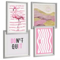 BILDER SET 4er Set - 50x50 cm & 40x60 cm Silberner Rahmen - Pastellfarbene Berglandschaft mit rosa Flamingos - Silberfarben, Kunststoff (50/50cm) - TULUP