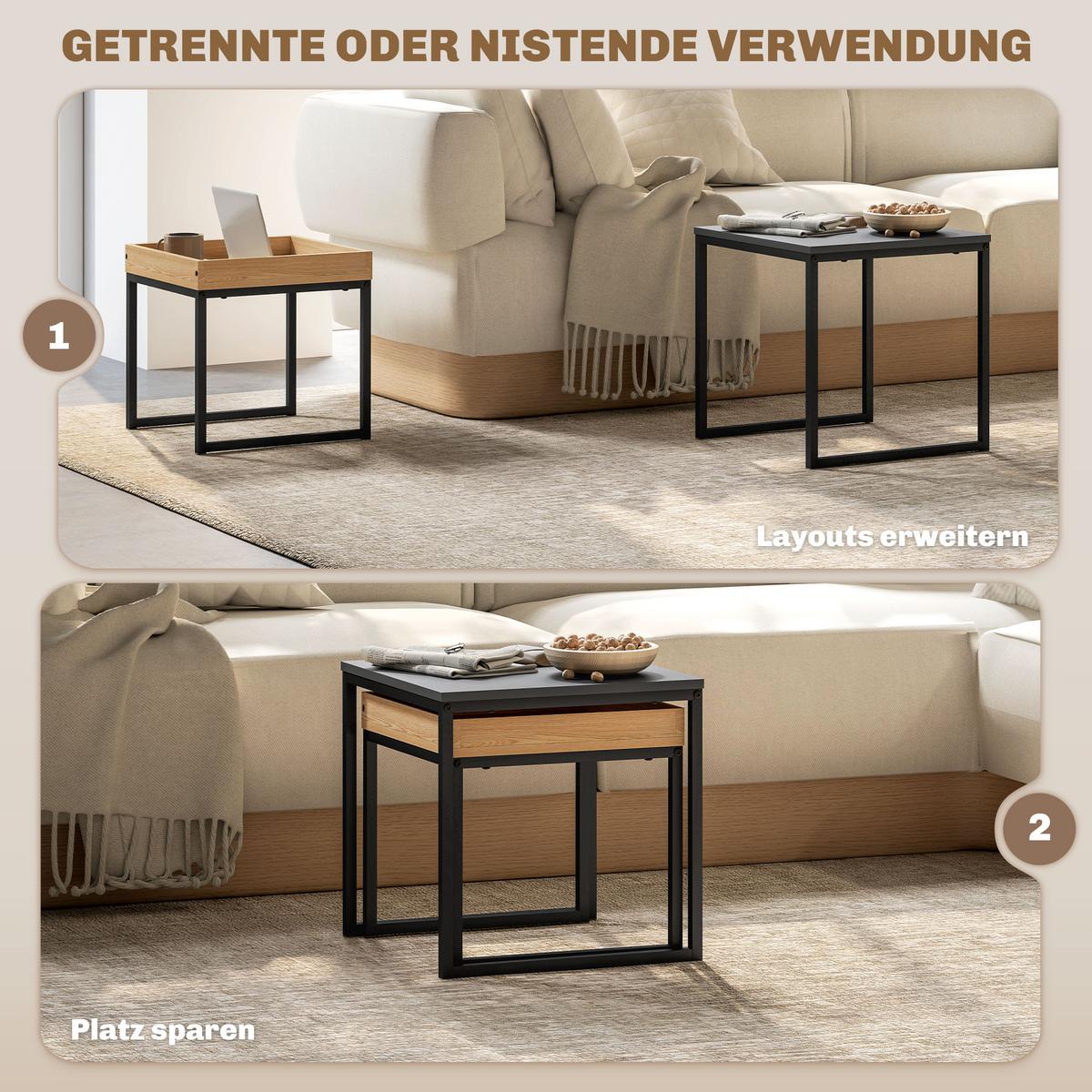 2ER-SET Couchtisch, Eckiger Beistelltisch, Kaffeetisch mit Stahlgestell bis 30kg - Schwarz, Metall (45/45/45cm) - HOMCOM