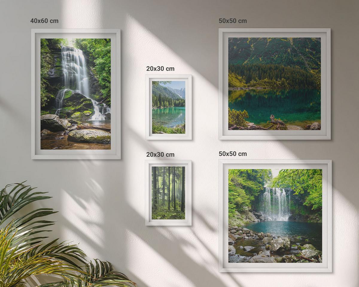 BILDER SET 5er Set - 50x50 cm & 20x30 cm & 40x60 cm Weißer Rahmen - Grüne Landschaften, Wasserfälle - Weiß, Kunststoff (40/60cm) - TULUP
