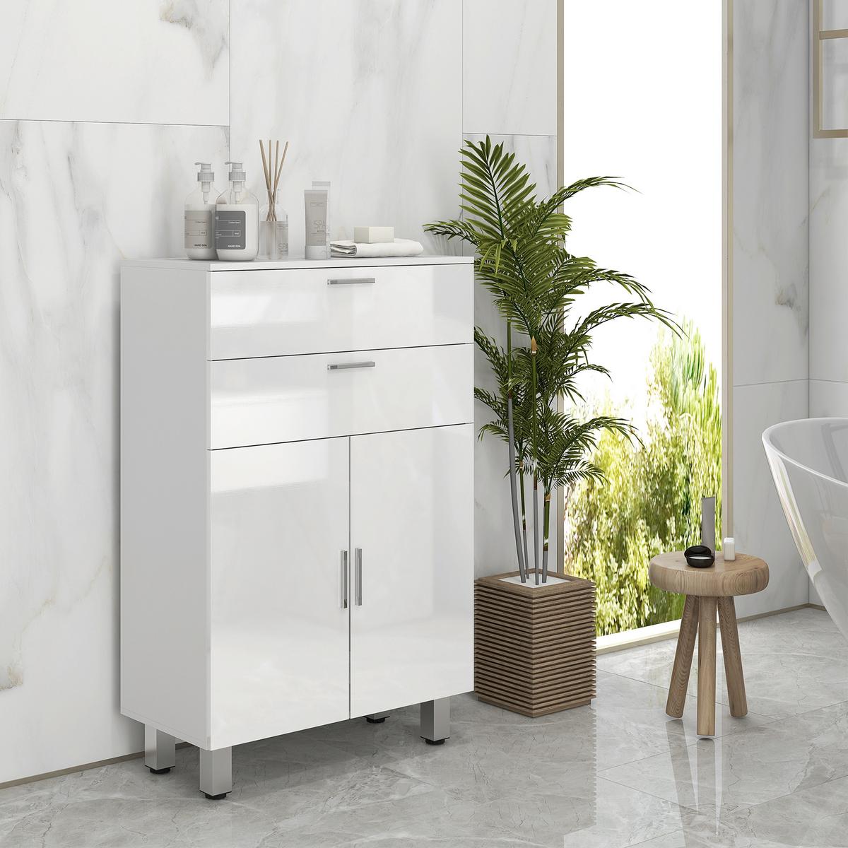 BADEZIMMERSCHRANK mit 2 Schubladen Verstellbares Regal Weiß - Weiß, Holzwerkstoff (30/93/60cm) - Kleankin