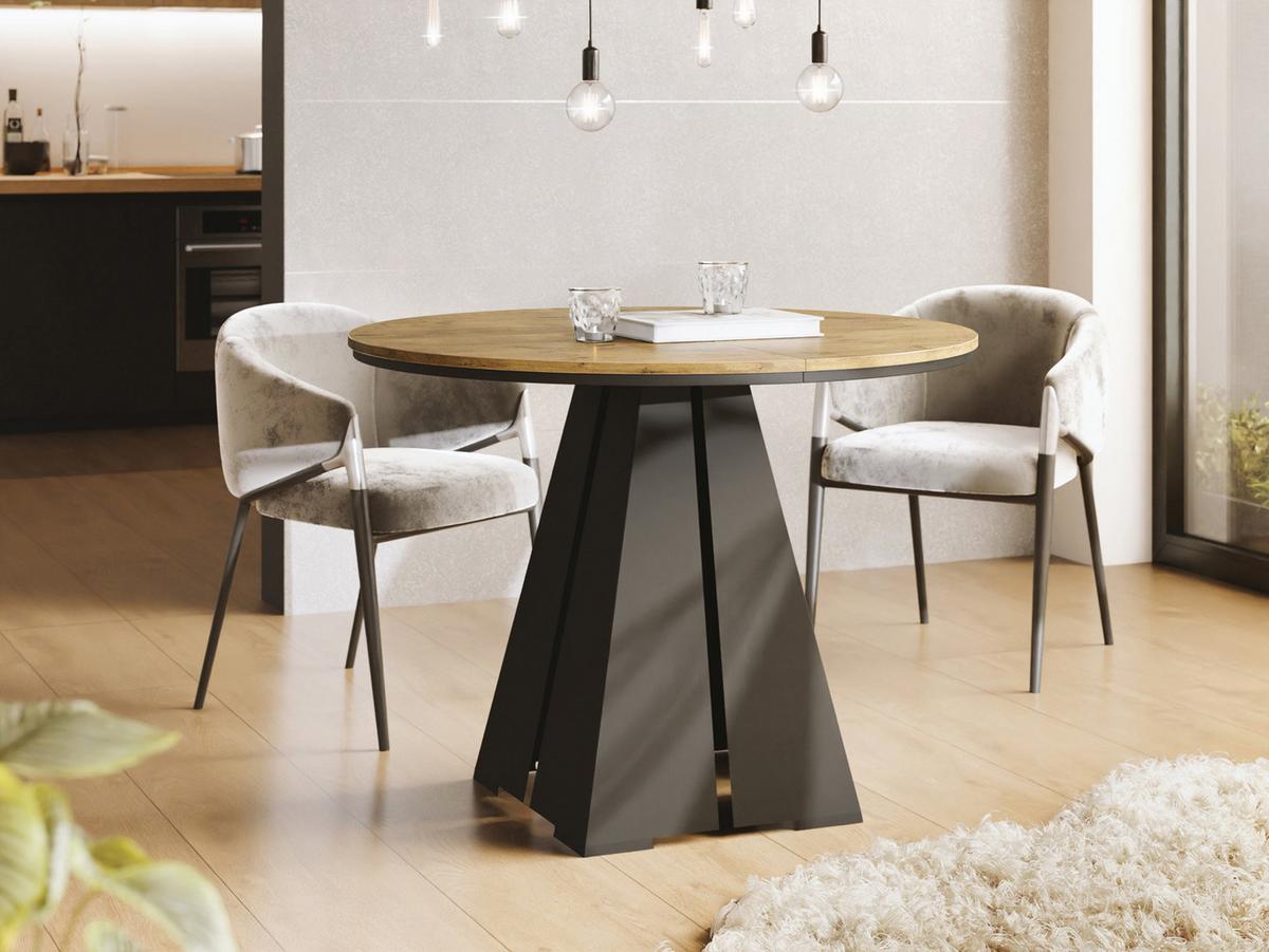 ESSTISCH Kova runder ausziehbarer, Lancelot Eiche 120-200/120/76 cm - Eichefarben/Schwarz, Holzwerkstoff/Metall (120/196/76cm) - WFL GROUP