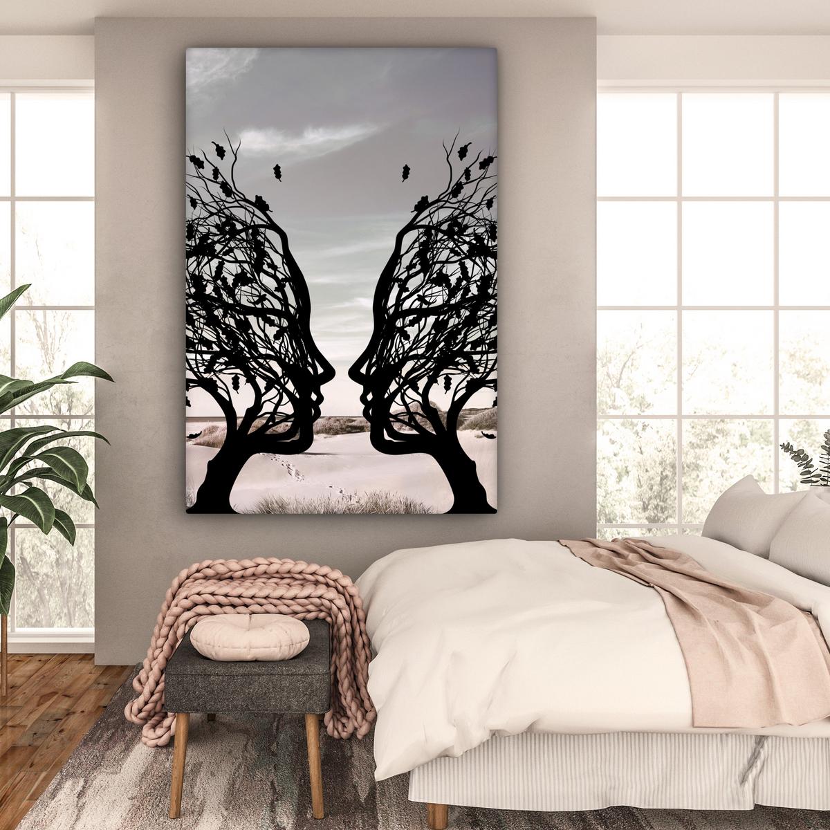 LEINWANDBILD Strand - Meer - Menschen - Baum - Moderne Kunst Deko Groß 90x140 cm - Hellgrau, Textil (90/140cm) - MuchoWow