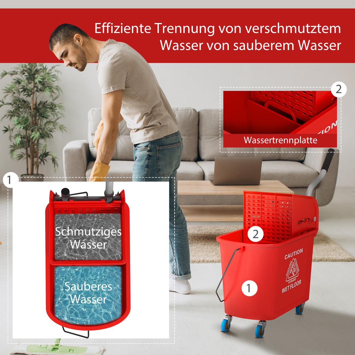 HOMCOM Kompakter Wischeimer mit Wringer und Rollen für die Bodenreinigung, 20 Liter, Separates schmutziges und sauberes Wasser, Rot - Rot, Kunststoff (27/70.5/60cm) - HOMCOM