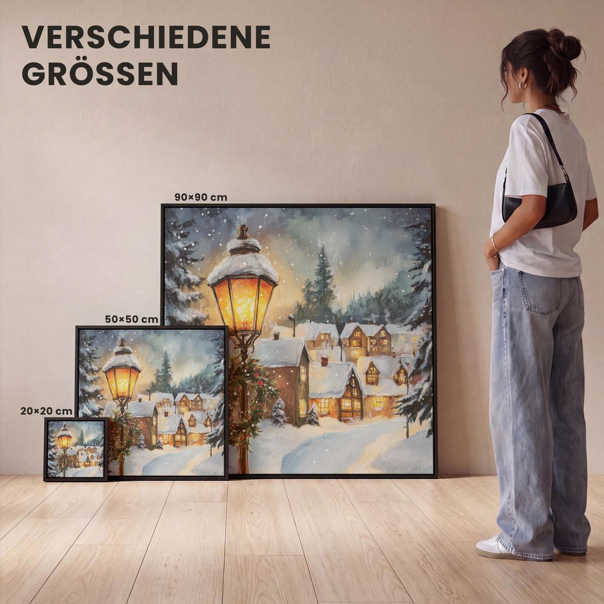 LEINWAND Bilder mit Rahmen - Weihnachtsdorf - Häuser - Schnee - Weihnachten - 90x90 - Sandfarben, Textil (90/90cm) - MuchoWow
