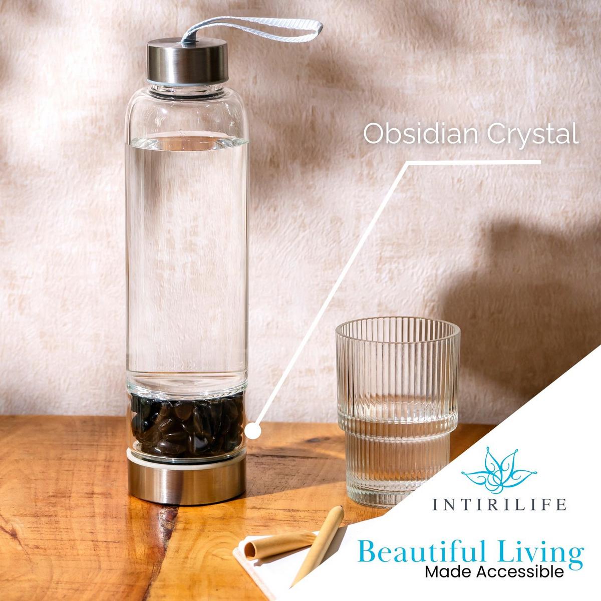 WASSERFLASCHE mit Heilsteinen und Tasche 400ml - Schwarz, Glas (0.4L) - Intirilife