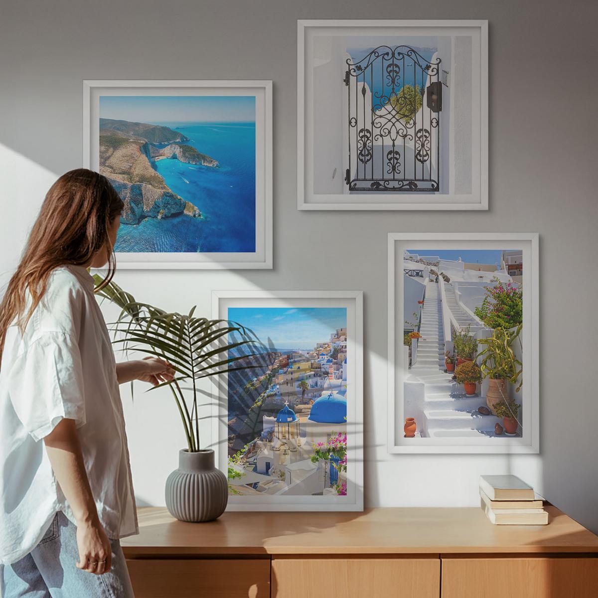 BILDER SET 4er Set - 50x50 cm & 40x60 cm Weißer Rahmen - Griechische Architektur auf Santorin, Oia - Weiß, Kunststoff (50/50cm) - TULUP
