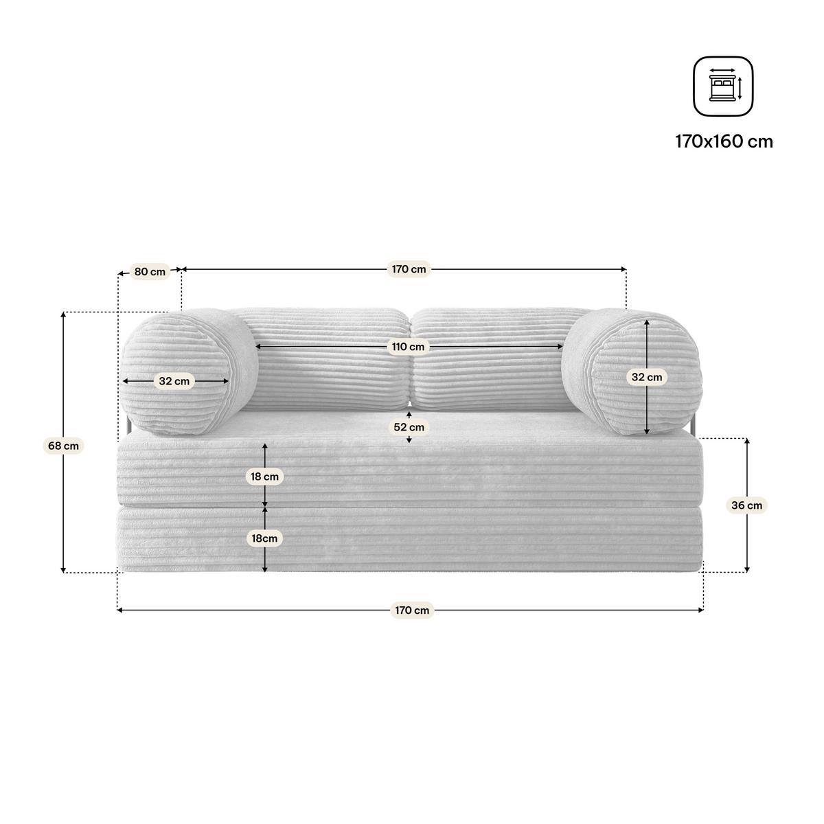 BETTSOFA ALVIO aus Schaumstoff Kordstoff Hellgrau Schlaffunktion - Grau, Textil (170/68/80cm) - MASSENO