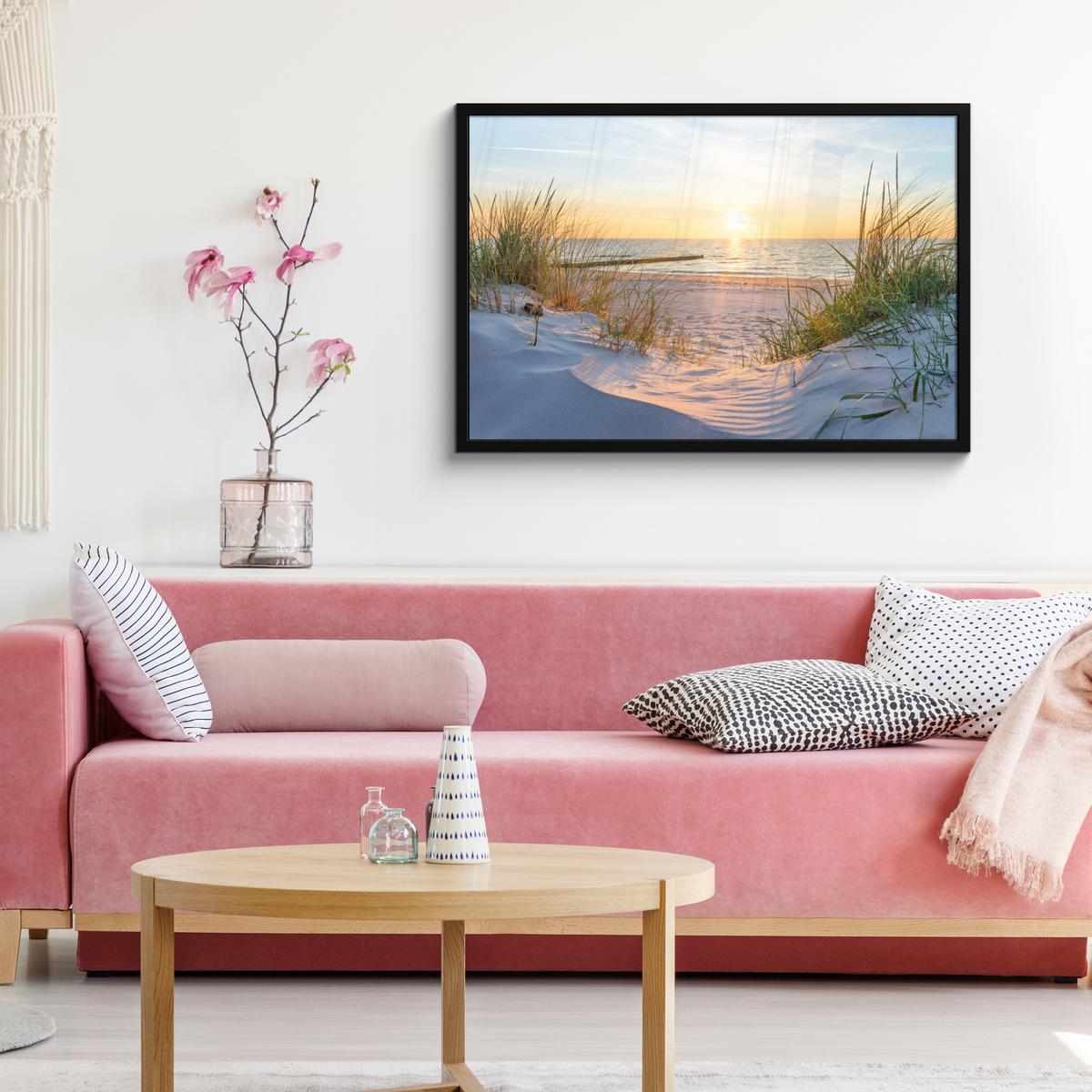 POSTER MIT RAHMENGERAHMTES BILD Strand - Sonne - Düne - Gras - Sand - Horizont 90x60 cm - Hellblau, Papier (90/60cm) - MuchoWow