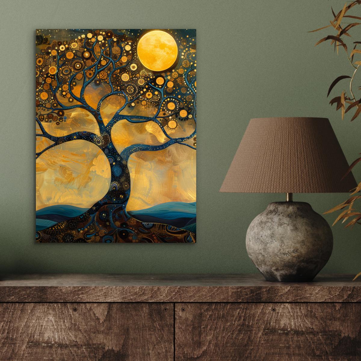 METALLBILD Baum - Mond - Blumen - Gold - Kunst 30x40 cm - Orange, Metall (30/40cm) - MuchoWow