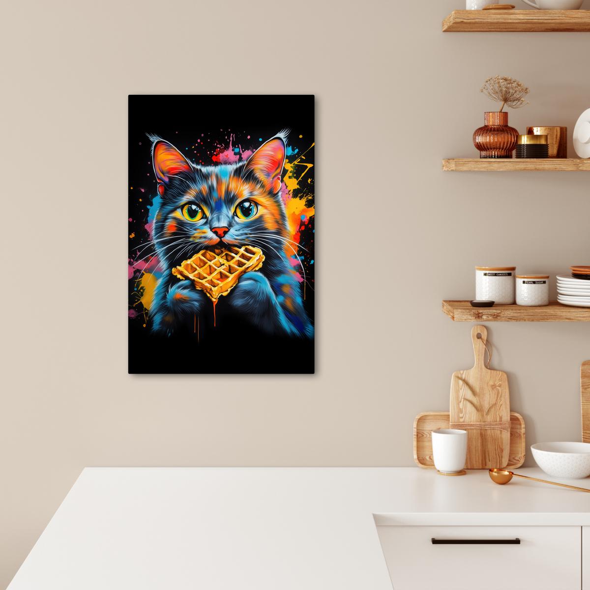 LEINWANDBILD Katze - Graffiti - Bunt - Waffel - Essen Wanddeko 40x60 cm - Türkis, Textil (40/60cm) - MuchoWow