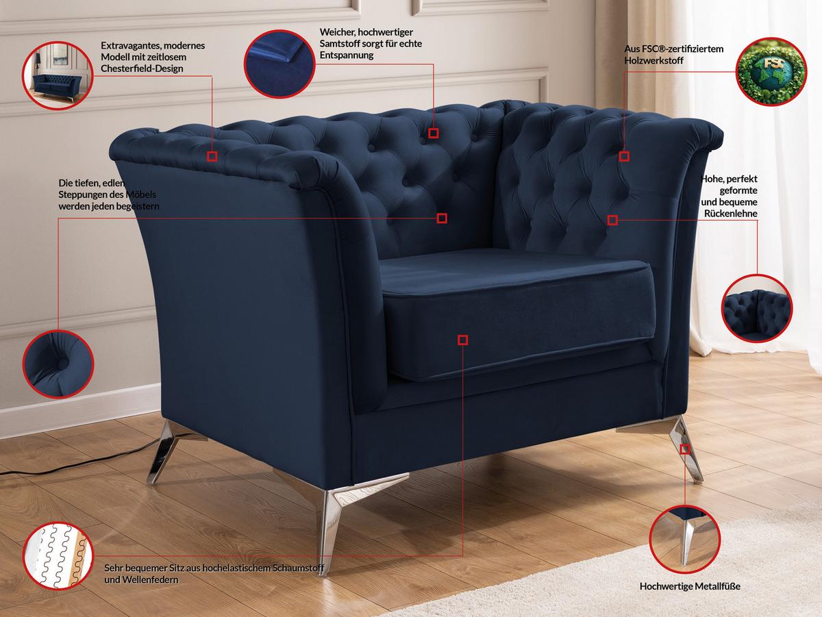 CHESTERFIELD-SESSEL Whitby Marineblau Samt mit silbernen Füßen - Silberfarben/Dunkelblau, Holz/Textil (116/78/82cm) - S-Style Möbel
