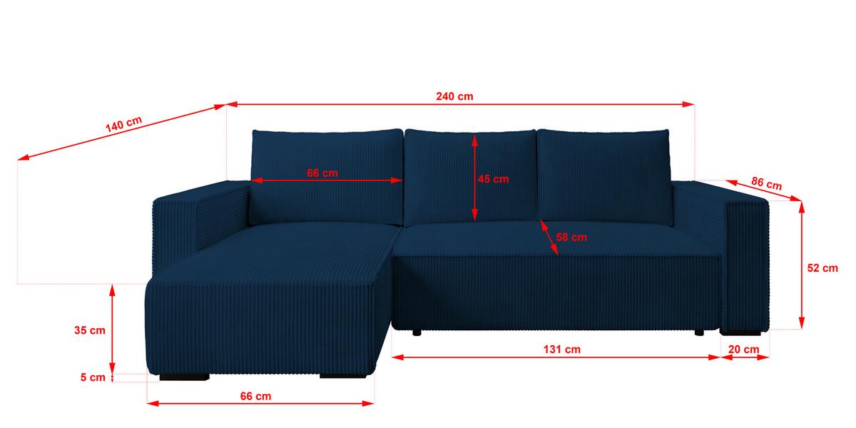 ECKSOFA CUDDY L, Eckcouch in L-Form mit Schlaffunktion und Bettkasten, Farbe: Blau, Cordstoff, Ottomane Links - Blau, Textil (240/140cm) - Storez24