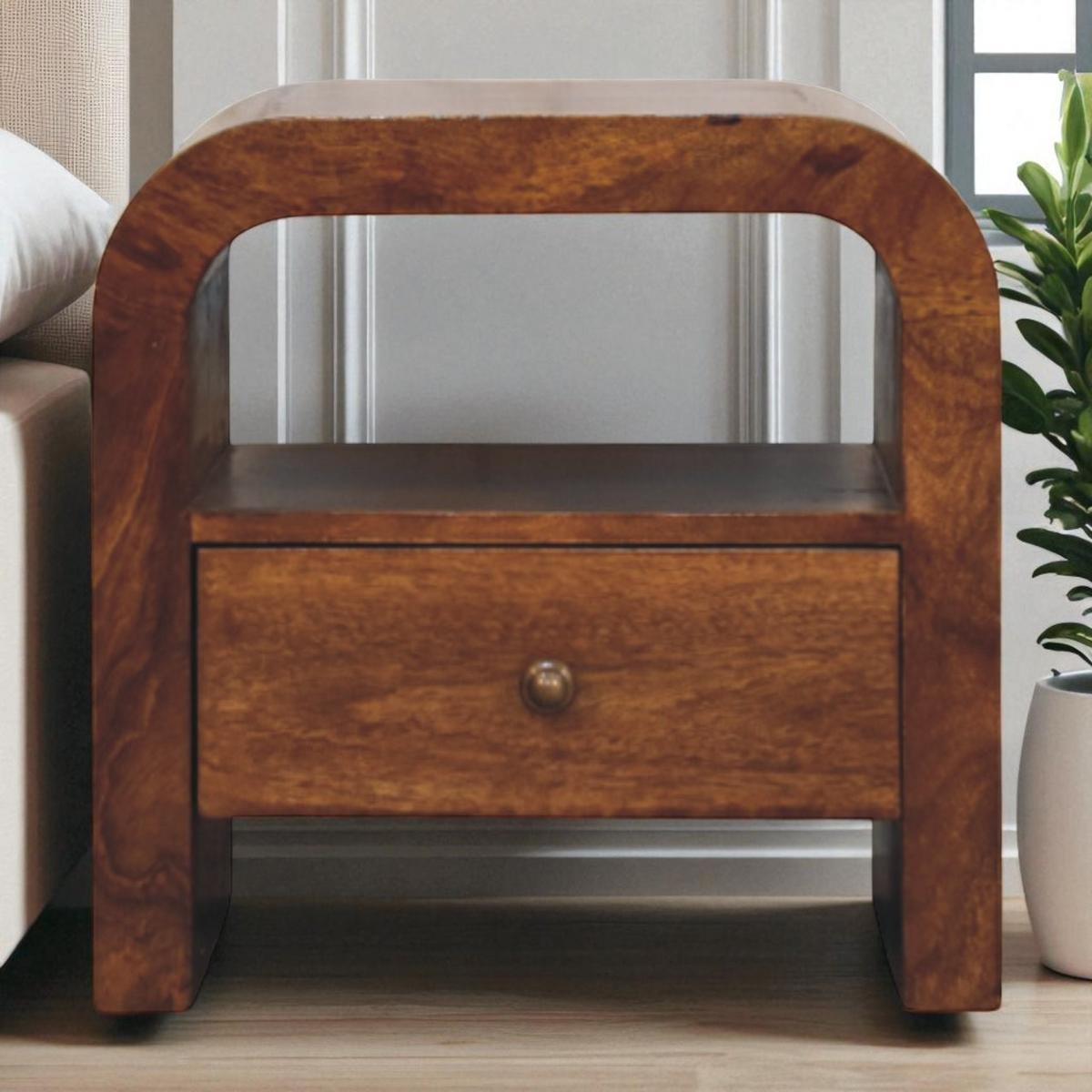 NACHTTISCH Massivholz Darcy Kastanienbraun, 1 Schublade und Offenes Regal, Dunkelbraun - Dunkelbraun/Messingfarben, Mangoholz/Holz (45/45/35cm) - Artisan Furniture
