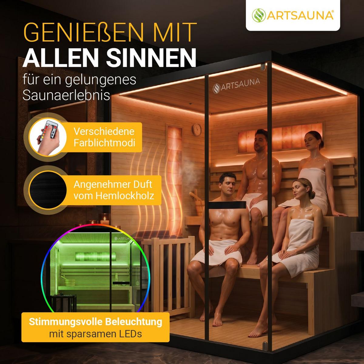 SAUNA Vantaa 175 x 140 cm mit 8 kW Saunaofen - Schwarz, Holz (140/200/175cm) - Artsauna