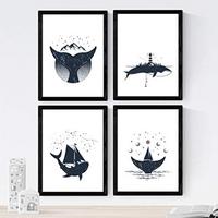 POSTER Set mit 4 Natur im nordischen Stil Wale in blauweiß A3 Rahmenlos - Klar, Papier (29.7/3cm) - Nacnic