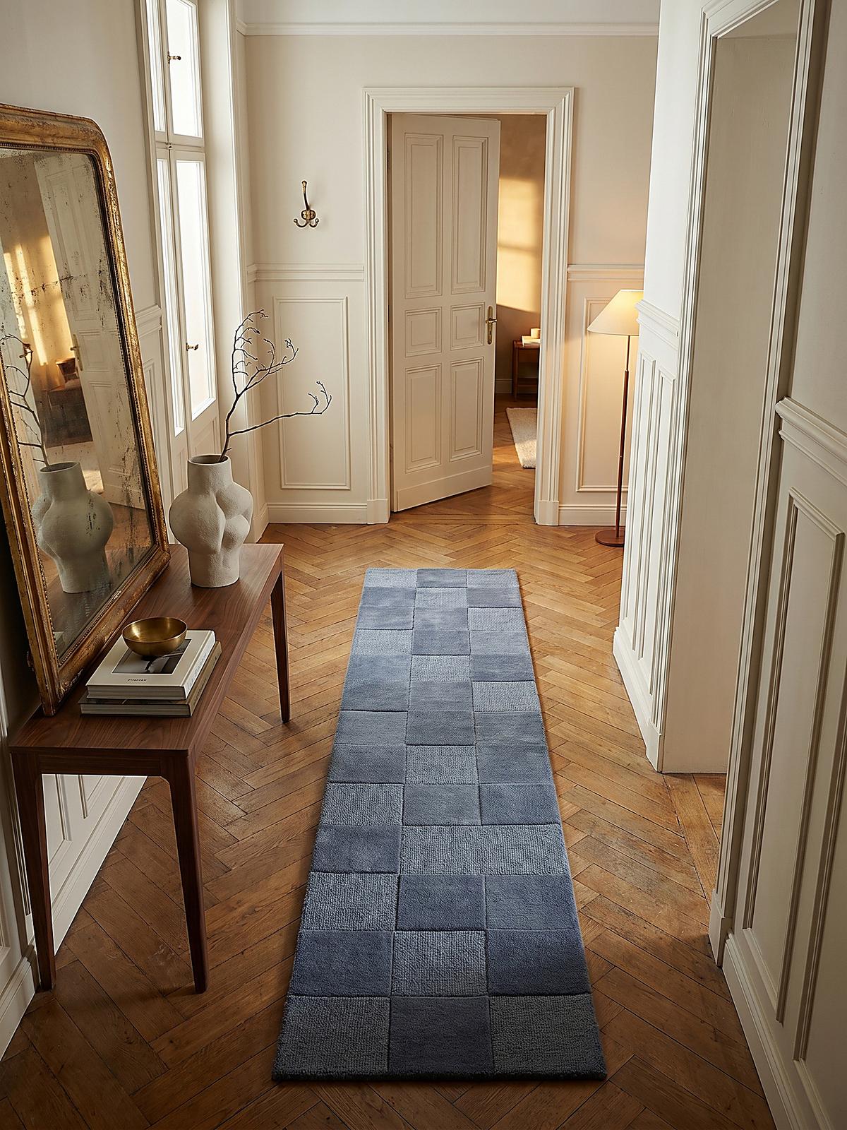 WOLLTEPPICH DEBEN, mit Schachbrettmuster, Blau, 60 x 230 cm - Blau, Textil (60/230cm) - KADIMA DESIGN